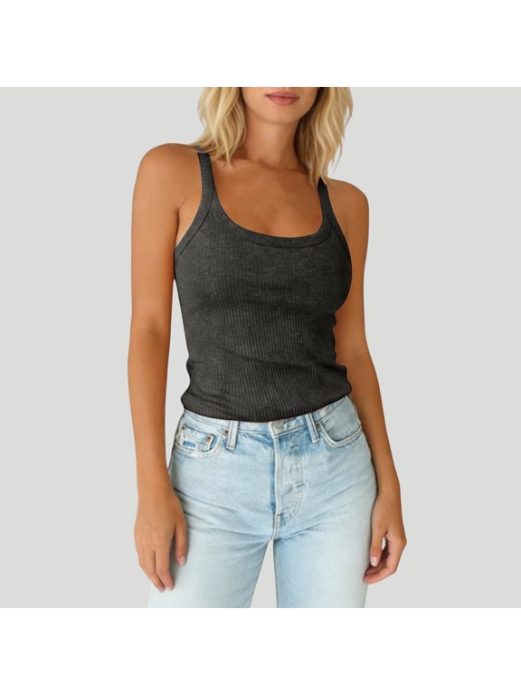 Womens Scoop Neck Ribbed Knit Tank Top Cotton Tops Slim Fitted Casual Basic Sleeveless Shirts Spaghetti Strap Camisole Shirts Dark Gray S