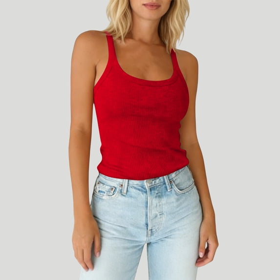 Lumtrix Womens Scoop Neck Ribbed Knit Tank Top Cotton Tops Slim Fitted Casual Basic Sleeveless Shirts Spaghetti Strap Camisole Shirts Red XL
