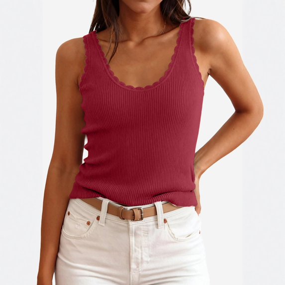 Lumtrix Womens Scoop Neck Tank Tops Sleeveless Ribbed Knit Scallop Edge Shirts Summer Casual Sweater Vest Fitted Tee Red S
