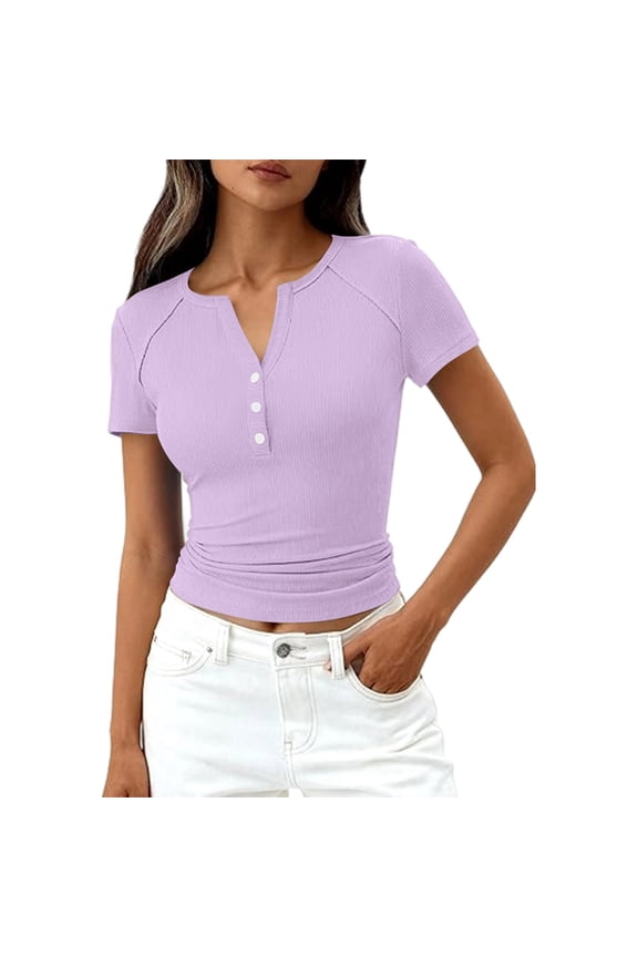 Womens Short Sleeve Henley Shirts Ribbed Slim Fitted Tee Summer Work Tops 2026 Button Down Blouse Spring Vacation Clothes Purple M