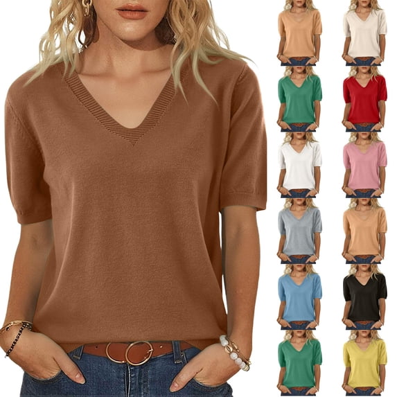 Lumtrix Womens Short Sleeve Sweater Spring Summer V Neck Lightweight Pullover Summer Dressy Casual Blouse Blue XL