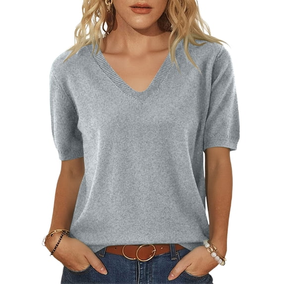 Lumtrix Womens Short Sleeve Sweater V Neck Trendy Pullover Tops 2026 Summer Spring Summer Loose Lightweight Casual Blouse Gray M