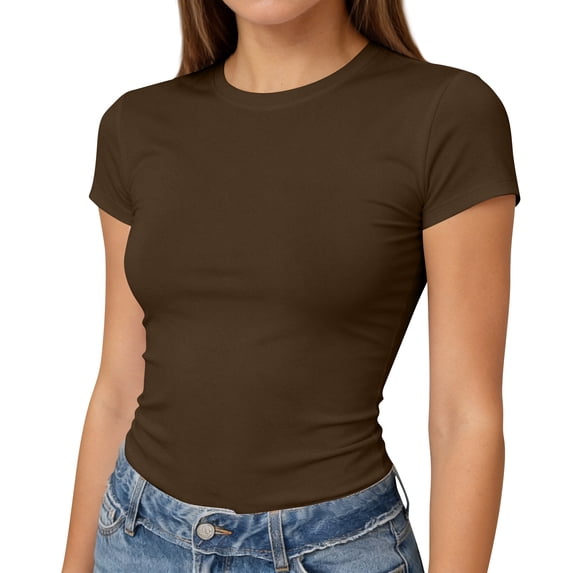 Lumtrix Womens Short Sleeve T Shirts - Summer Slim Fit Y2k Basic Tee Casual Crew Neck Tops for Workout Brown 2XL