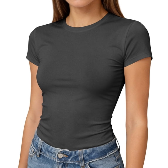Lumtrix Womens Short Sleeve T Shirts - Summer Slim Fit Y2k Basic Tee Casual Crew Neck Tops for Workout Dark Gray L