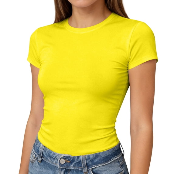 Lumtrix Womens Short Sleeve T Shirts - Summer Slim Fit Y2k Basic Tee Casual Crew Neck Tops for Workout Yellow S