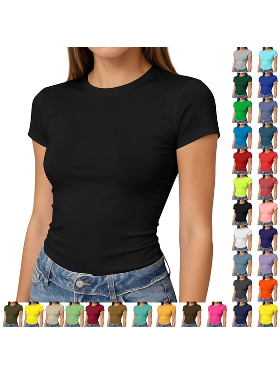 Womens Short Sleeve Tops Crew Neck Slim Fit Basic Tees Summer Y2K Solid Color T Shirts Brown L