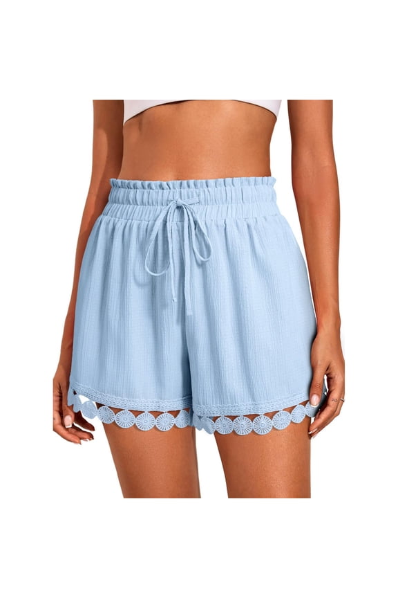 Womens Shorts Summer Casual Loose Elastic Waist Drawstring Lace Boho Beach Vacation Cover Up Shorts Blue L