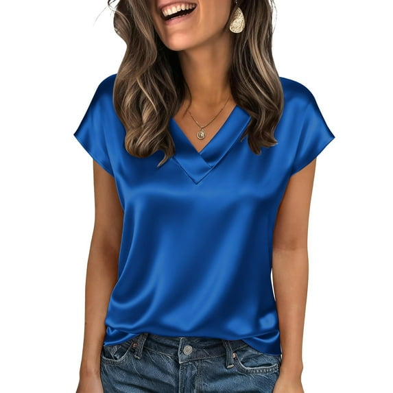 Lumtrix Womens Silk Stain Dressy Casual Business Blouse Cap Short Sleeve Tops Summer V Neck Work Shirts Blue XL