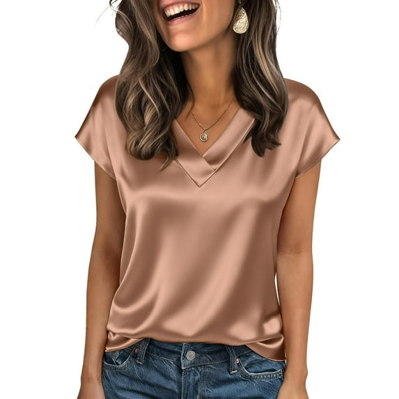 Lumtrix Womens Silk Stain Dressy Casual Business Blouse Cap Short Sleeve Tops Summer V Neck Work Shirts Champagne L