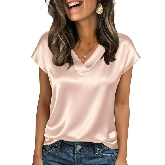 Lumtrix Womens Silk Stain Dressy Casual Business Blouse Cap Short Sleeve Tops Summer V Neck Work Shirts Rose Gold XL