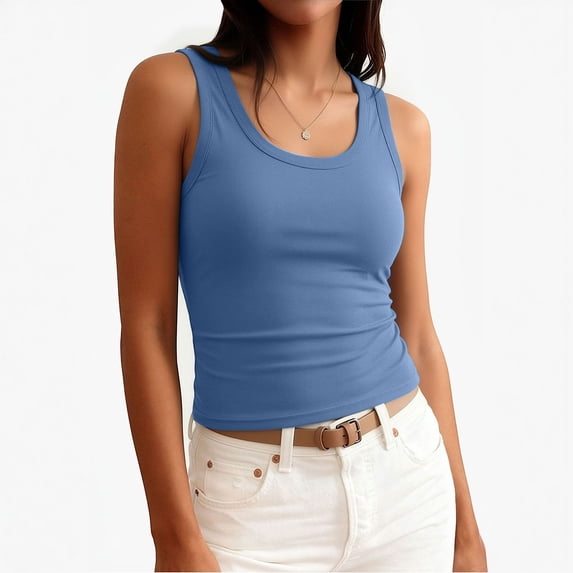 Lumtrix Womens Sleeveless Scoop Neck Built In Bra Tank Tops 2026 Summer Casual Basic Slim Fit Ribbed Knit Racerback Workout Cami Shirts Blue S