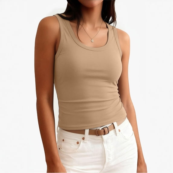 Lumtrix Womens Sleeveless Scoop Neck Built In Bra Tank Tops 2026 Summer Casual Basic Slim Fit Ribbed Knit Racerback Workout Cami Shirts Khaki L