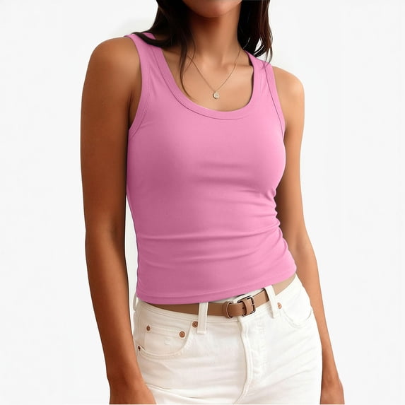 Lumtrix Womens Sleeveless Scoop Neck Built In Bra Tank Tops 2026 Summer Casual Basic Slim Fit Ribbed Knit Racerback Workout Cami Shirts Pink M