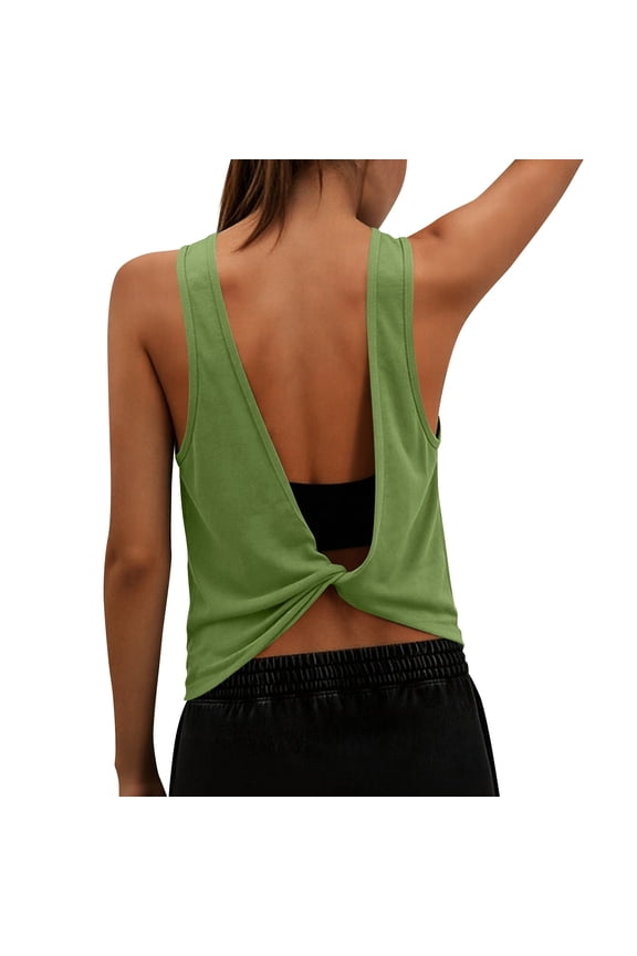 Womens Sleeveless Workout Tank Tops Athletic Open Back Shirt Backless Tee Gym Running Loose Fit Activewear Green S