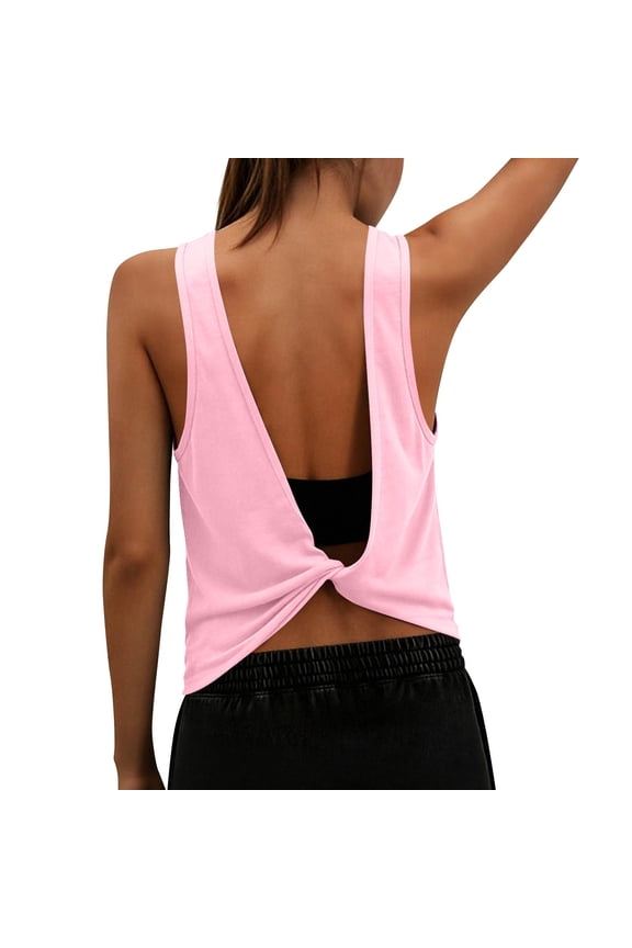 Womens Sleeveless Workout Tank Tops Athletic Open Back Shirt Backless Tee Gym Running Loose Fit Activewear Pink S