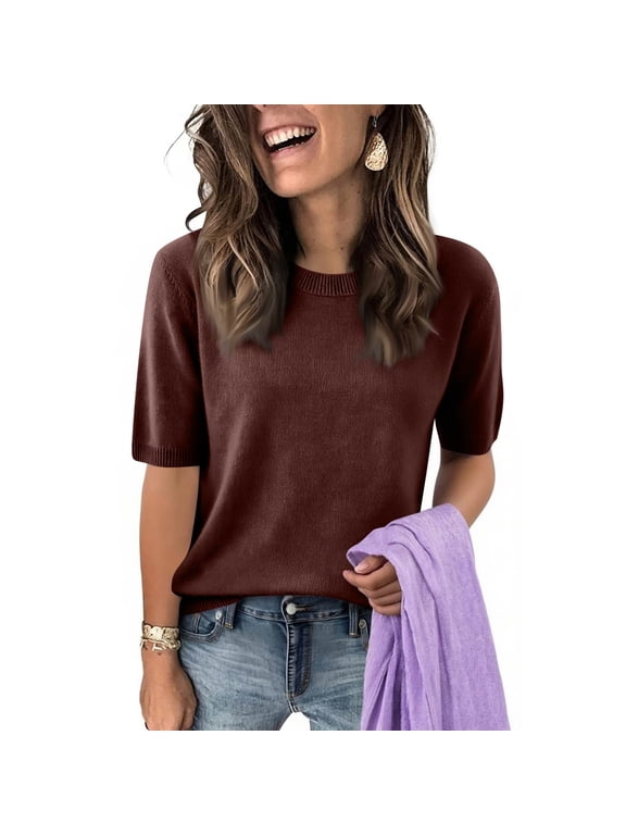 Womens Spring Summer Sweater Short Sleeve Shirts Dressy Casual Basic Casual Sleeve Tops Beach Vacation Clothes Coffee XL