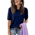 thumbnail image 1 of Lumtrix Womens Spring Summer Sweater Short Sleeve Shirts Dressy Casual Basic Casual Sleeve Tops Beach Vacation Clothes Dark Blue M, 1 of 7