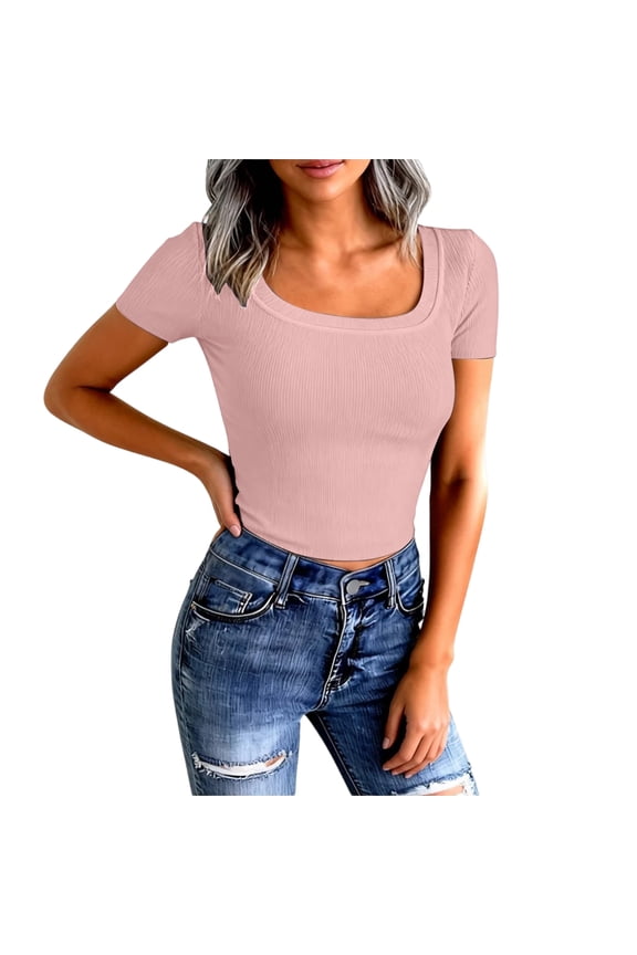 Womens Square Neck Short Sleeve Crop T Shirts Spring Summer Ribbed Tops Slim Fit Basics Tee Going Out Clothes Pink M
