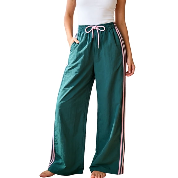 Lumtrix Womens Striped Pants Summer Casual Quick Dry Wide Leg Pants Elastic Waist Beach Vacation Lounge Trousers Dark Green XL
