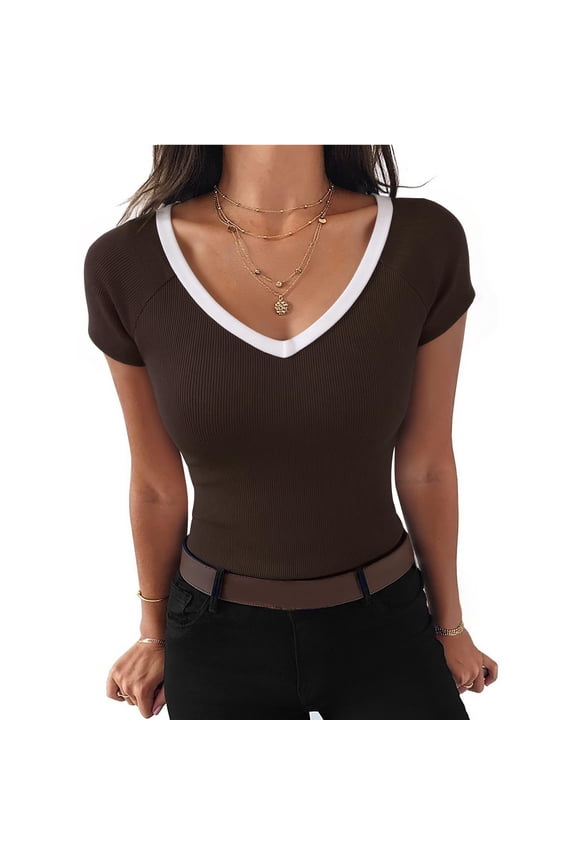 Womens Summer Tops Short Sleeve Basic Casual Deep V Neck T-Shirts Trendy Ribbed Knit Tee Gray 2XL