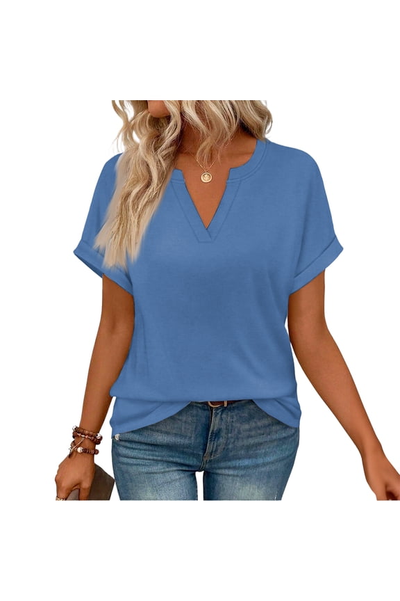 Womens Summer Tops Short Sleeve Shrits 2026 Trendy V Neck Spring Casual Blouses Trendy Vacation Clothes Royal Blue S