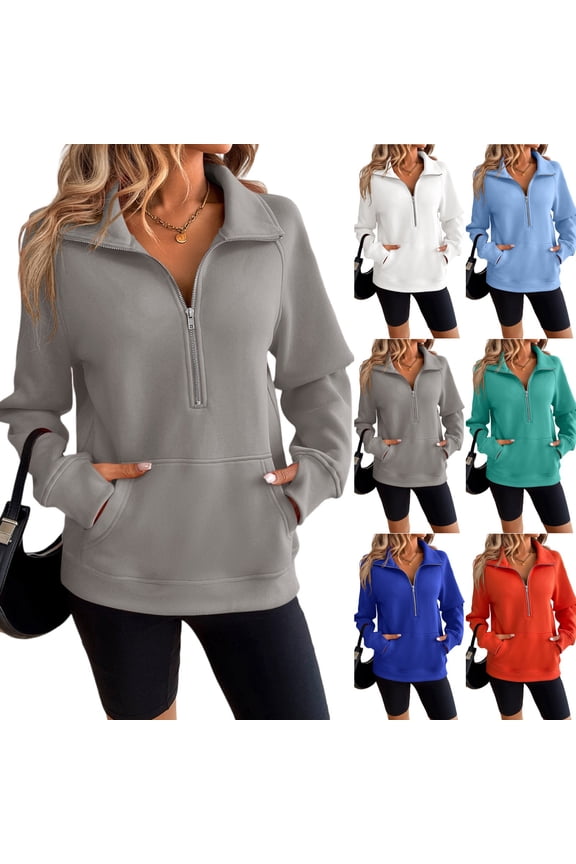 Womens Sweatshirts Quarter Zip Pullover Oversized Cropped Sweater Fall Winter Hoodies Clothes Royal Blue _CC03 M