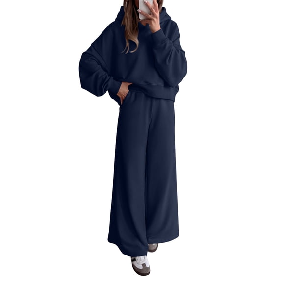 Lumtrix Womens Sweatsuits 2 Piece Set 2026 Fall Winter Long Sleeve Hoodie Loose Wide Leg Sweatpants Workout Travel Tracksuit Navy L