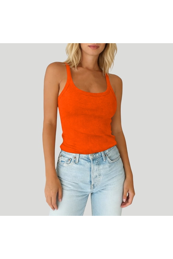 Womens Tank Tops Scoop Neck Sleeveless Ribbed Knit Tank Summer Basic Thick Strap Slim Fitted Fashion Tops Saffron XL