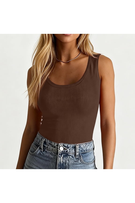 Womens Tank Tops Scoop Neck Sleeveless Ribbed Tank Summer Basic Thick Strap Slim Fitted Racerback Tops Brown S