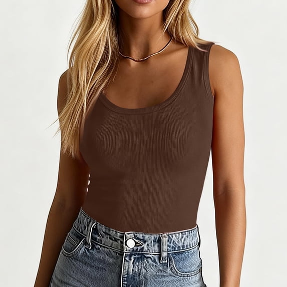 Lumtrix Womens Tank Tops Scoop Neck Sleeveless Ribbed Tank Summer Casual Basic Thick Strap Slim Fitted Tops Brown S
