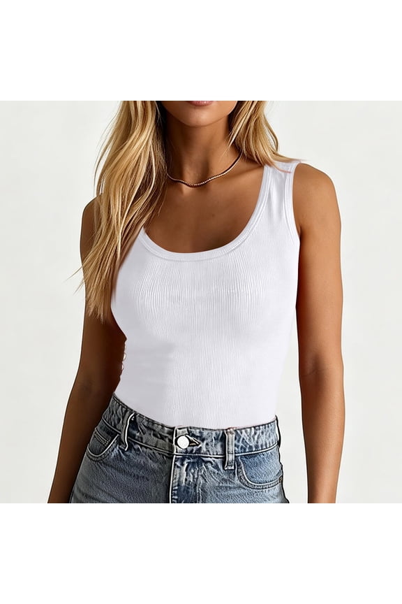 Womens Tank Tops Scoop Neck Sleeveless Ribbed Tank Summer Casual Basic Thick Strap Slim Fitted Tops White L