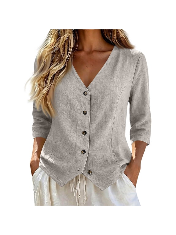 Womens Top Cotton Linen V Neck 3/4 Sleeve Shirts Button Down Lightweight Blouses Business Casual Fashion Tunic Top Khaki L