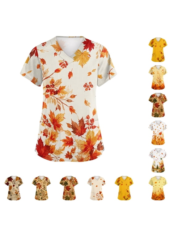 Womens V Neck Maple Leaf Printed Scrub Tops Plus Size Medical Nursing Tops Side Slit Hem Scrubs With Pocket Saffron S
