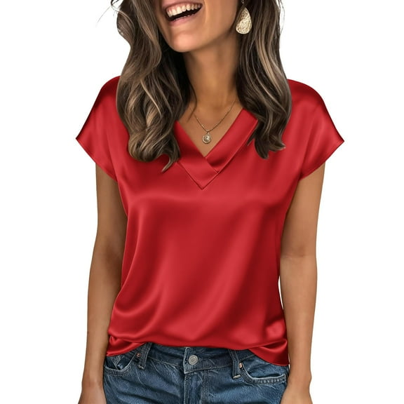 Lumtrix Womens V Neck Silk Satin Shirt Casual Short Sleeve Blouse Basic Loose Work Tunic Tops Red 2XL