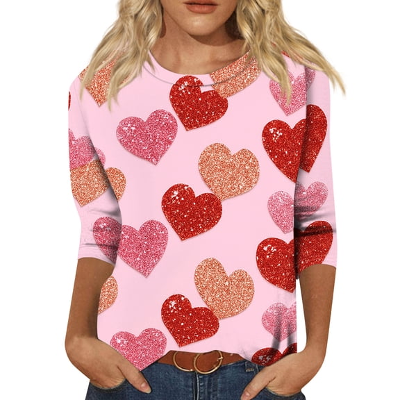 Lumtrix Womens Valentine Tops Casual Crew Neck 3/4 Length Sleeve Shirts Cute Love Heart T Shirts Loose Spring Fall Clothes 2026 Hot Pink L