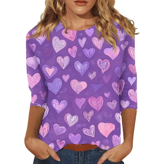 Lumtrix Womens Valentine Tops Casual Crew Neck 3/4 Length Sleeve Shirts Cute Love Heart T Shirts Loose Spring Fall Clothes 2026 Pink L