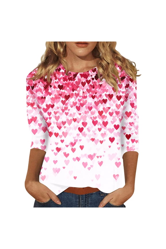 Womens Valentine Tops Casual Crew Neck 3/4 Length Sleeve Shirts Cute Love Heart T Shirts Loose Spring Fall Clothes 2026 Rose Gold 4XL