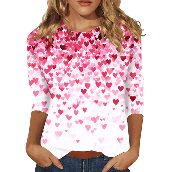 Lumtrix Womens Valentine Tops Casual Crew Neck 3/4 Length Sleeve Shirts Cute Love Heart T Shirts Loose Spring Fall Clothes 2026 Rose Gold S