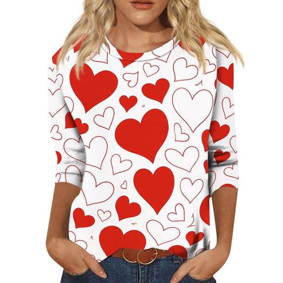 Lumtrix Womens Valentine Tops Casual Crew Neck 3/4 Length Sleeve Shirts Cute Love Heart T Shirts Loose Spring Fall Clothes 2026 Vermilion XL