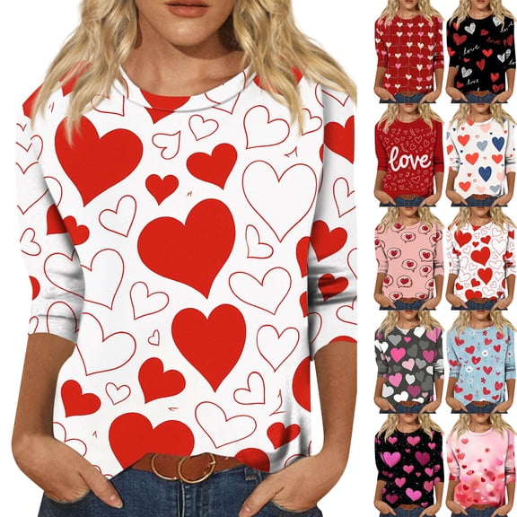 Lumtrix Womens Valentine Tops Dressy Casual Crew Neck 3/4 Length Sleeve Shirts Love Heart T Shirts Loose Fit Spring Fall Clothes 2026 Hot Pink XL