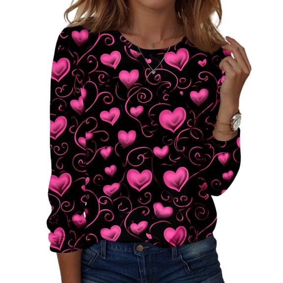 Lumtrix Womens Valentine Tops Dressy Casual Crew Neck Long Sleeve Shirts Love heart Print Blouse Plus Size T Shirts Fashion Fall Clothes 2026 Black 2XL