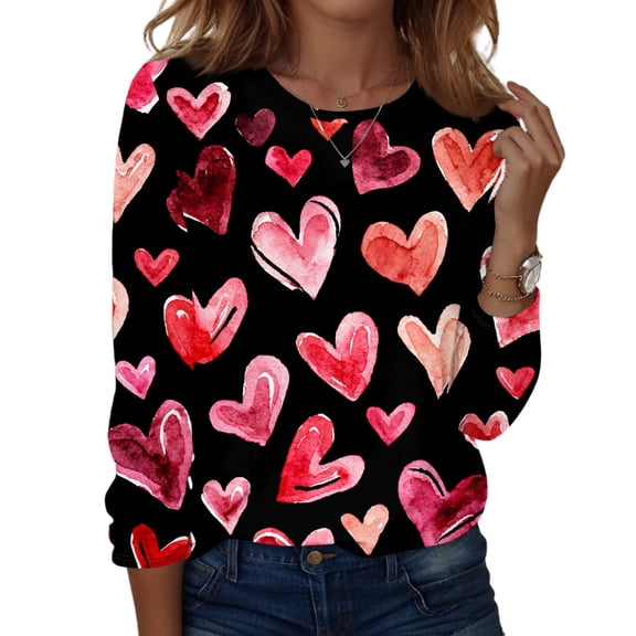 Lumtrix Womens Valentine Tops Dressy Casual Crew Neck Long Sleeve Shirts Love heart Print Blouse Plus Size T Shirts Fashion Fall Clothes 2026 Deep Red L