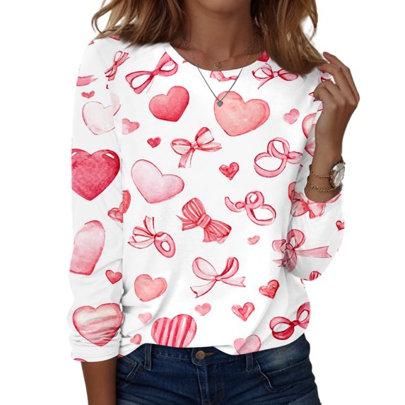 Lumtrix Womens Valentine Tops Dressy Casual Crew Neck Long Sleeve Shirts Love heart Print Blouse Plus Size T Shirts Fashion Fall Clothes 2026 Light pink S