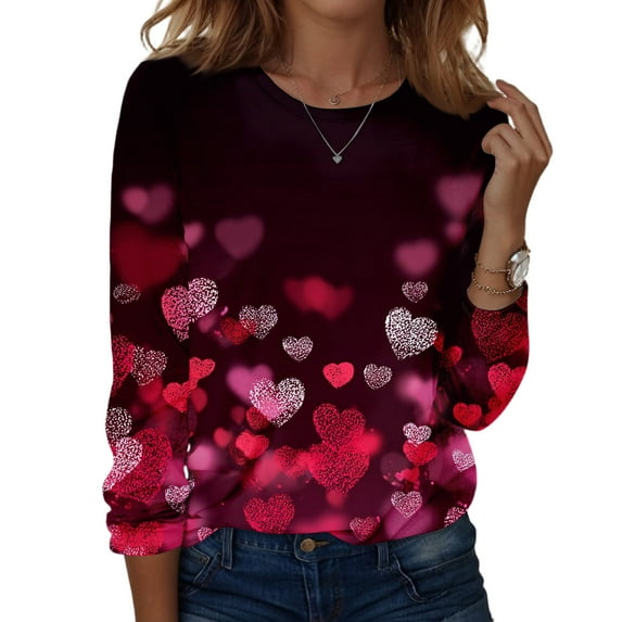 Lumtrix Womens Valentine Tops Dressy Casual Crew Neck Long Sleeve Shirts Love heart Print Blouse Plus Size T Shirts Fashion Fall Clothes 2026 Purple Pink XL