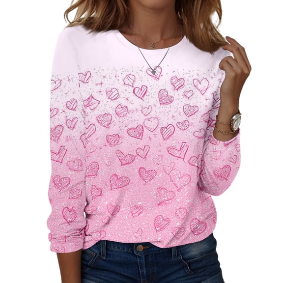 Lumtrix Womens Valentine Tops Dressy Casual Crew Neck Long Sleeve Shirts Love heart Print Blouse Plus Size T Shirts Fashion Fall Clothes 2026 Watermelon Red 2XL