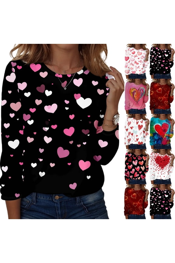 Womens Valentine Tops Dressy Casual Crew Neck Long Sleeve Shirts Love heart Print Blouse Plus Size T Shirts Loose Fit Fall Clothes 2026 Blue 2XL