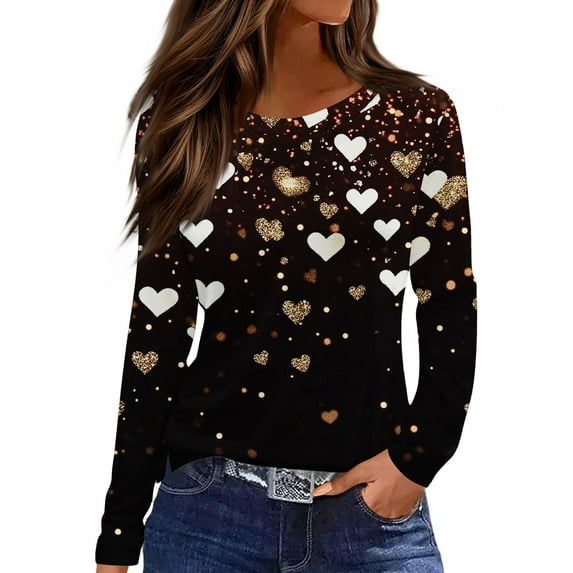 Lumtrix Womens Valentines Day Shirt Long Sleeve Shirts Love Heart Crew Neck Tops Casual Blouses Holiday Comfy Tees Brown M