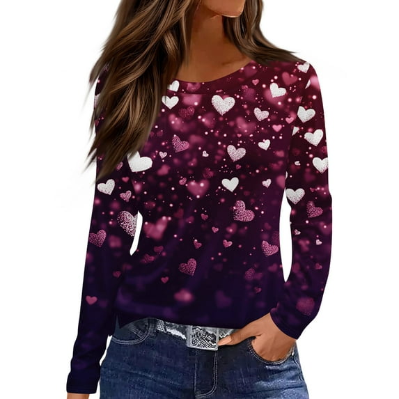 Lumtrix Womens Valentines Day Shirt Long Sleeve Shirts Love Heart Crew Neck Tops Casual Blouses Holiday Comfy Tees Wine 2XL
