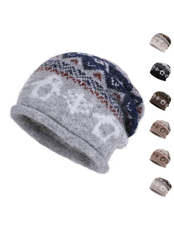 Womens Vintage Knit Slouchy Beanie Soft Cuffed Skull Cap Cozy Warm Winter Retro Flower Pattern Heaswear Gray One Size