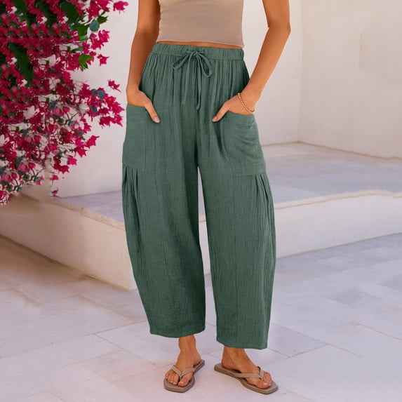 Lumtrix Womens Wide Leg Linen Pants Casual Loose Baggy Drawstring Summer Beach Travel Vacation Palazzo Harem Pants with Pockets Dark Green S